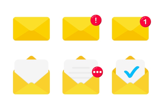Satz von symbolen mit einem e-mail-umschlag mit unterschiedlichen zeichen e-mail-benachrichtigung e-mail-marketing spam für neue eingehende nachrichten zustellung von korrespondenz oder bürodokumenten in einem umschlag