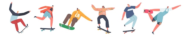 Satz von Teenagern, die Stunts und Tricks auf Skateboards machen Junge Leute, die Longboards skaten Teenager Skater Jungen und Mädchen Freiheit Lifestyle Urban Culture Sport Erholung Cartoon Vector Illustration