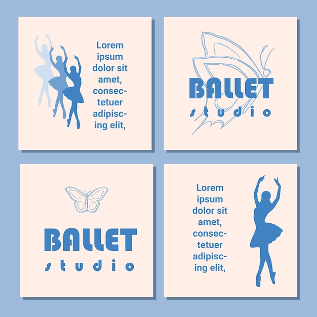 Satz von Theaterticket-Design Flyer-Vorlage für die Ballettschule Ballerina-Silhouette im Tutu und Spitzenschuh mit Schmetterling Blaues Kartendesign mit Kopierraumtext Vektorillustration