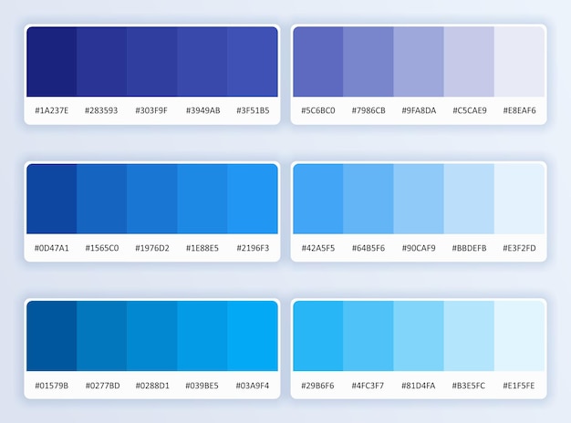 Vektor satz von trendigen blauen pantone-farbpaletten im rgb-hex-blau-farbkatalog