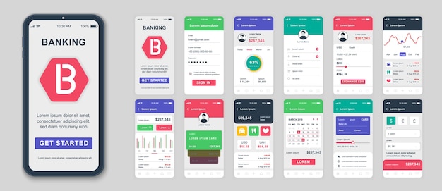 Satz von ui-ux-gui-bildschirmen flache designvorlage für banking-apps für reaktionsschnelle website für mobile apps