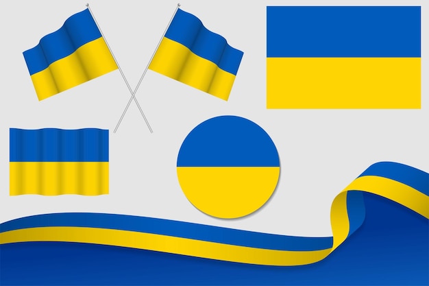 Satz von Ukraine-Flags in verschiedenen Designs Symbol Häutung Flaggen mit Band mit Hintergrund
