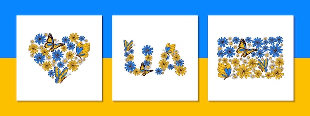 Vektor satz von ukrainischen unterstützungskonzepten gegen das kriegskonzept stand mit ukrainischem design handgezeichnete vektorillustration