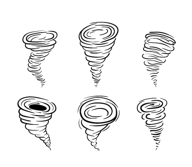 Vektor satz von umriss silhouette toronado sammlung von zerstörerischen natürlichen wirbel stilisierte linie hurrikan vektor-illustration einer wetterkatastrophe, isoliert auf weiss