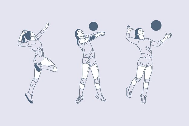 Vektor satz von umrissillustrationen von frauenvolleyball