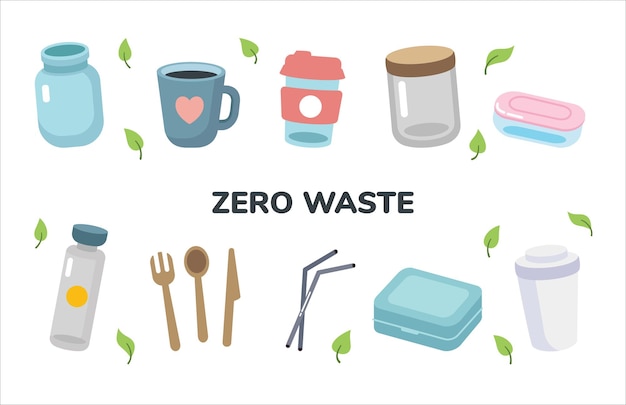 Satz von umweltfreundlichen geschirrartikeln zero waste concept vector illustration im cartoon-stil