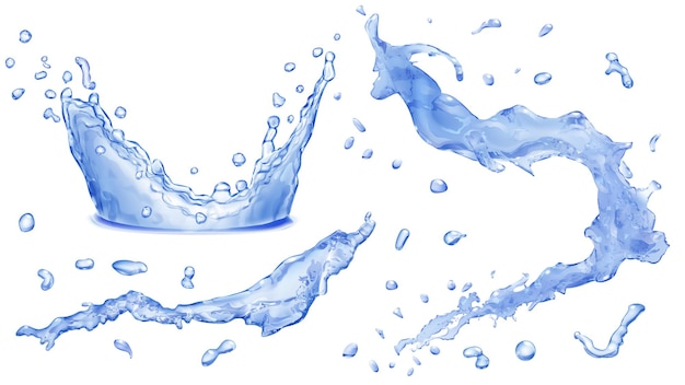 Satz von undurchsichtigen Wasserspritzern, Wassertropfen und Krone, die in blauen Farben ins Wasser fallen, isoliert auf weißem Hintergrund