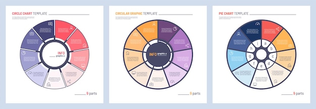 Vektor satz von vektor-infografik-kreisdiagrammvorlagen 9 teile