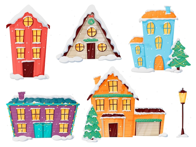 Satz von vektor-isolierten cartoon-häusern oder cottages, mit weihnachtsschmuck und tannenbaum.