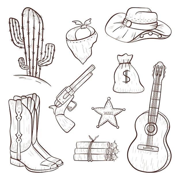 Satz von vektor isolierten icons im landhausstil. cowboy-design-elemente im kunststil. umrisse mit wild-west-print oder dekorationsaufklebern.