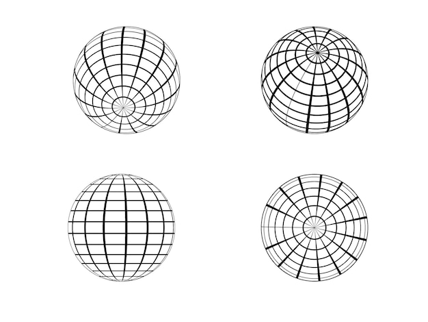 Satz von Vektor-Wireframe-Kugel-Globus-Erde, isoliert auf durchsichtigem Hintergrund
