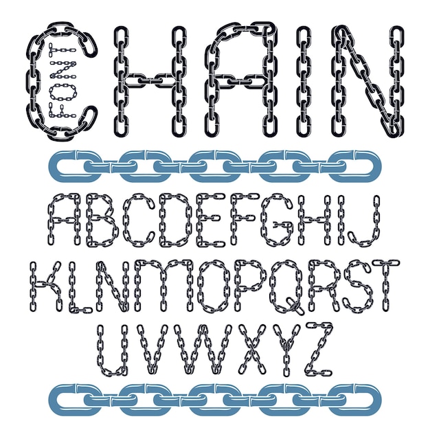 Vektor satz von vektorbuchstaben des englischen alphabets isoliert. dekorative schriftart in großbuchstaben, hergestellt aus mit metall verbundenen kettengliedern.