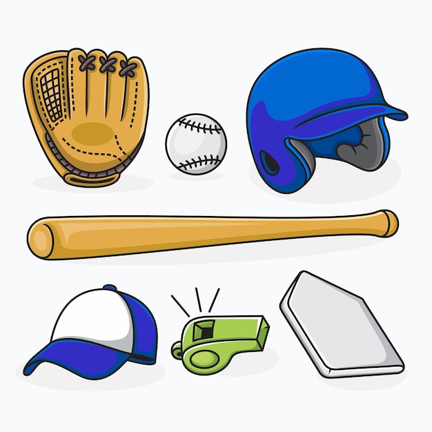 Vektor satz von vektorelementen und abbildungen von baseball-sportgeräten