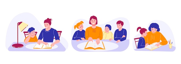 Satz von Vektorgrafiken zum Thema Homeschooling. Tutorin, Mutter unterrichtet mit Kindern.
