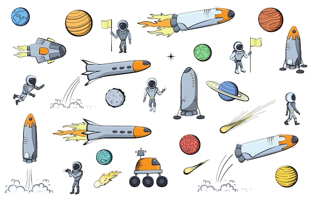 Satz von vektorillustrationen von raumschiff, rakete, rover. doodle-cartoon-vektor-icons.