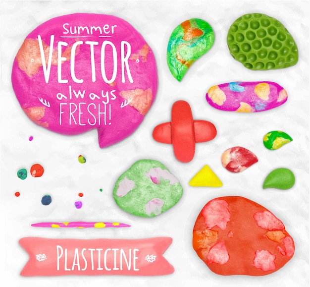 Vektor satz von vektorplastilin-designelementen, die auf einem weißen plastilin-hintergrund zusammengeschustert sind