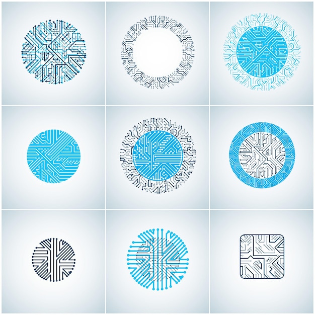 Satz von Vektortechnologie-CPU-Designs mit quadratischen und kreisförmigen Mikroprozessorschemata. Computerplatinen mit multidirektionalen Pfeilen, digitalen Elementen.