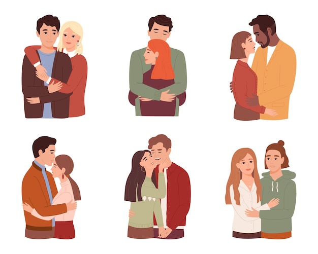 Satz von verliebten Paaren isoliert auf weißem Hintergrund Liebesgeschichte Illustration
