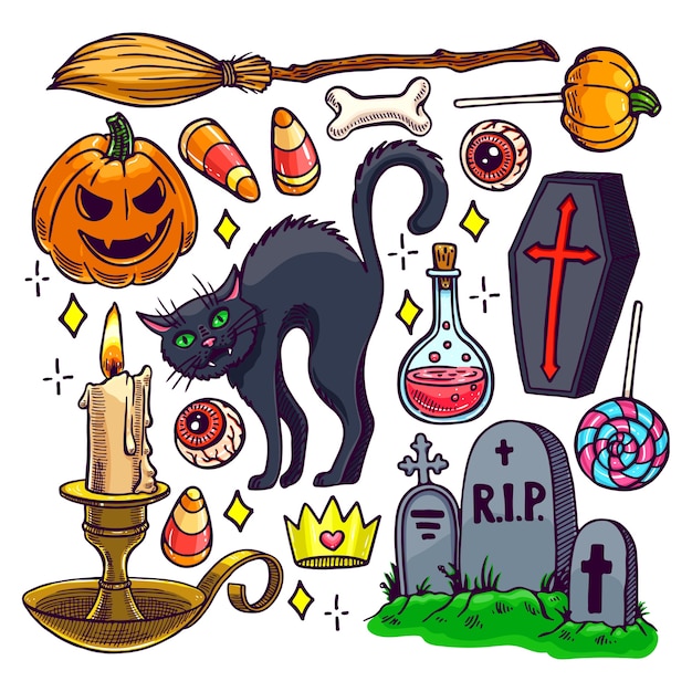 Satz von verschiedenen attributen von halloween. handgezeichnete illustration