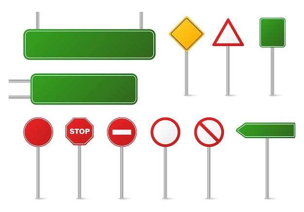 Satz von verschiedenen Verkehrszeichen isoliert auf weißem Hintergrund Verkehrs- und Wegweiser