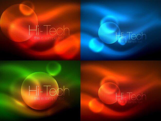 Satz von verschwommenen neonleuchtenden kreisen hitech moderne blasvorlagen techno leuchtendes glas runde formen oder kugeln geometrische abstrakte hintergründe vektorillustration