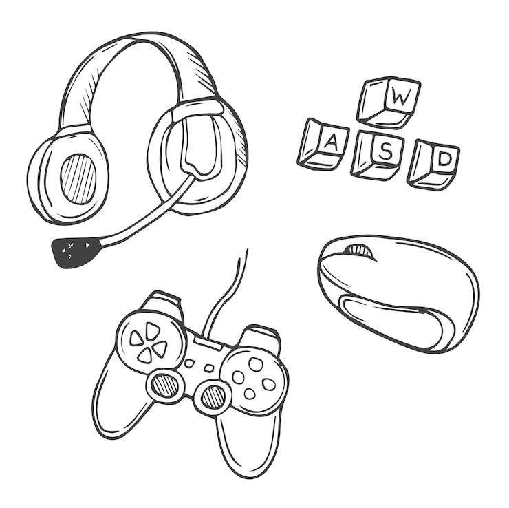 Vektor satz von videospiel-doodle gamedpad maus und tastatur