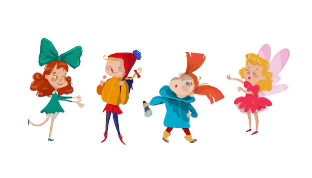 Vektor satz von vier cartoon-kindern jungen und mädchen