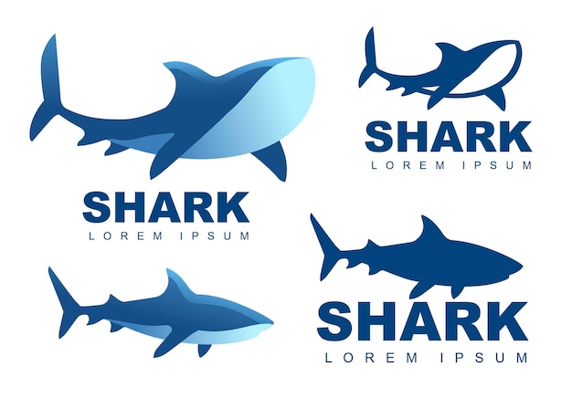 Satz von vier hai-logos mit titel und ohne blaue hai-flache vektorgrafik isoliert auf weißem hintergrund kreatives logo-design für die website.