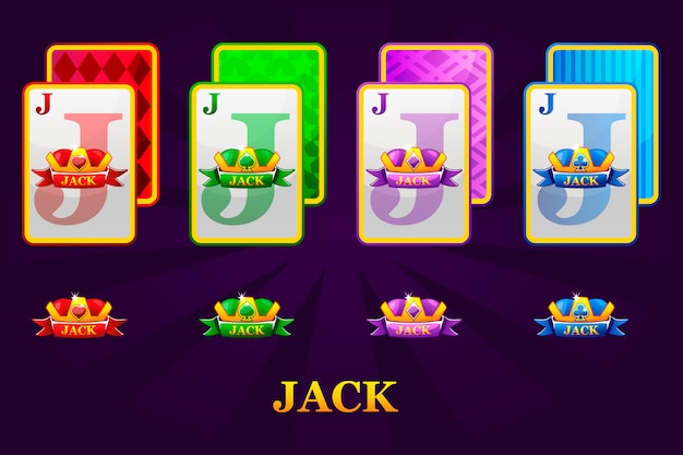 Satz von vier jacks spielkarten passt für poker und casino. satz herzen, spaten, keulen und diamanten jack.
