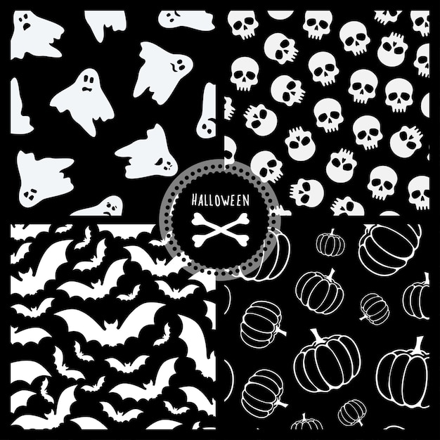 Satz von vier nahtlosen schwarzen und weißen Halloween-Vektormustern
