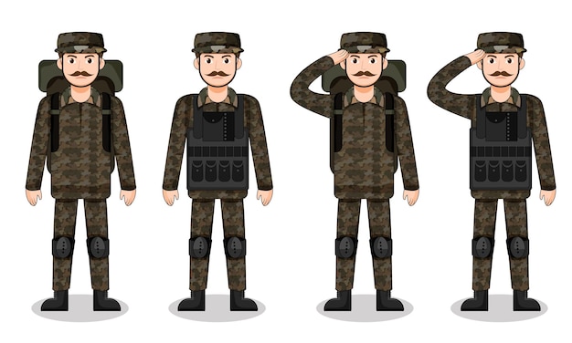 Satz von vier Zeichentrickfiguren der indischen Armee mit verschiedenen Posen Vector Illustration