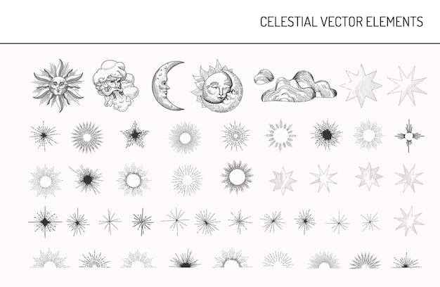 Satz von vintage-design-elementen. sonne, mond, sterne, mondlicht orientalischer stil himmlische astrologische symbole für stoff, tapete, dekoration. isolierte vektorillustration