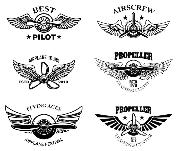Satz von Vintage-Flugzeug-Show-Emblemen. Gestaltungselemente für Logo, Label, Schild, Menü.