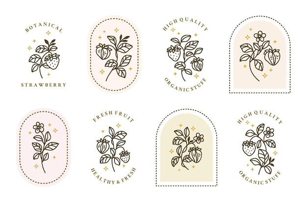 Satz von vintage-handgezeichneten botanischen erdbeer- und blattzweig-logoelementen