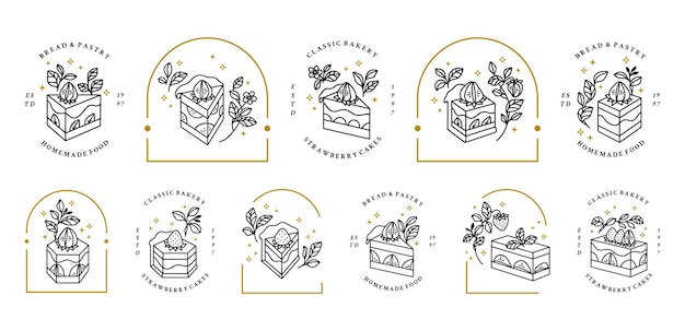 Satz von vintage handgezeichneten kuchen, gebäck, bäckerei-logo-elementen