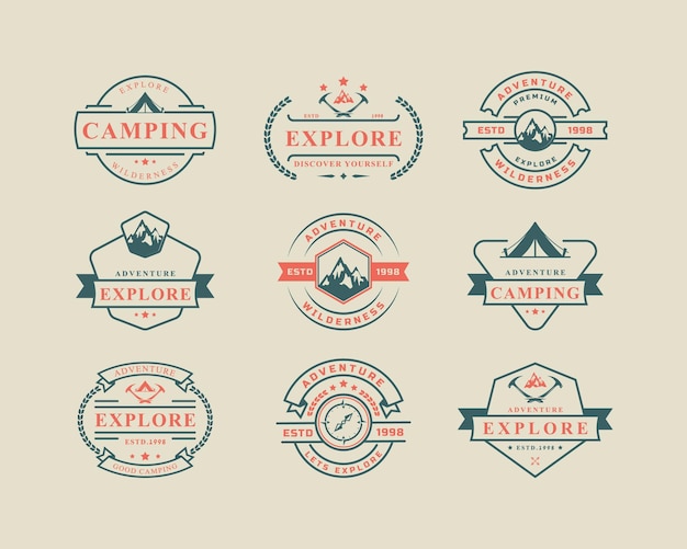 Satz von vintage-retro-abzeichen camping und outdoor-abenteuer-typografie-logo-vektor-design-inspiration