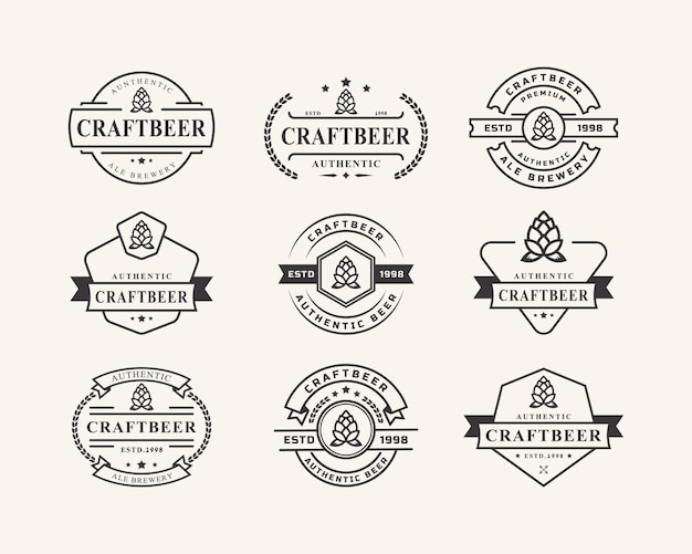 Satz von vintage-retro-abzeichen für hops craft beer ale brewery logo design template element