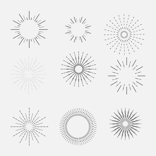 Satz von Vintage-Sonnenausbrüchen in verschiedenen Formen, trendige, von Hand gezeichnete Retro-Bursting-Strahlen-Design-Elemente