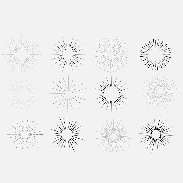 Satz von Vintage-Sonnenausbrüchen in verschiedenen Formen, trendige, von Hand gezeichnete Retro-Bursting-Strahlen-Design-Elemente