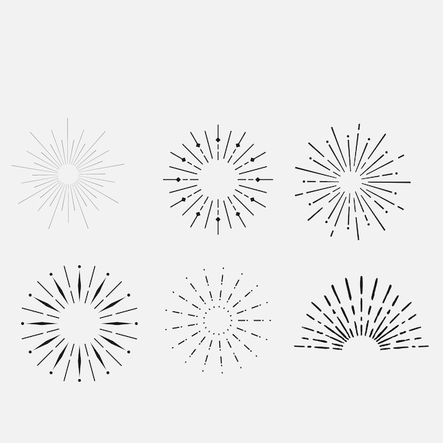 Satz von Vintage-Sonnenausbrüchen in verschiedenen Formen, trendige, von Hand gezeichnete Retro-Bursting-Strahlen-Design-Elemente