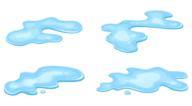 Vektor satz von wasserpfützen flüssig cartoon-stil tropfen isoliert auf weißem hintergrund blauer split spritz auf dem boden vektor-illustration