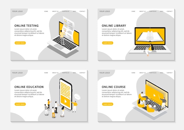 Satz von webseitenvorlagen für online-bildung, online-kurse, online-tests und online-bibliothek.