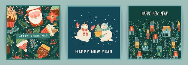 Satz von weihnachts- und happy new year-karten niedliche helle illustrationen mit neujahrssymbolen vektordesign