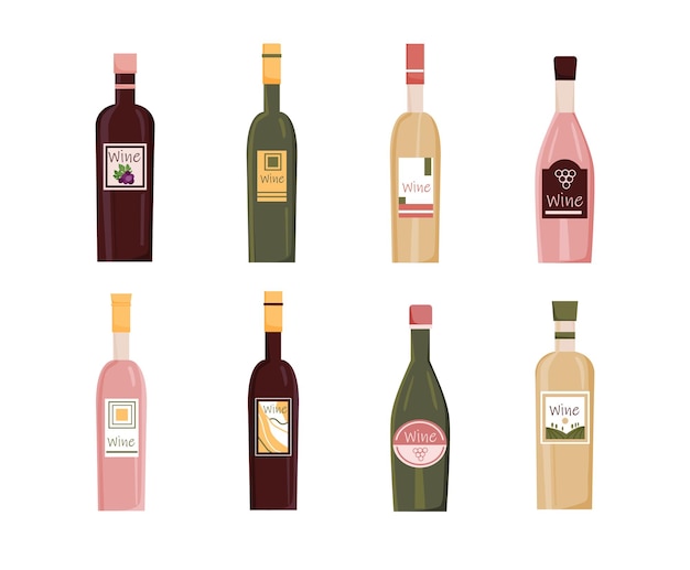 Satz von weinflaschen isoliert auf weißem hintergrund red white rose wine bottles für alkoholische getränke