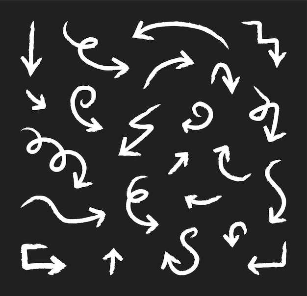 Satz von weißen Doodle Pfeil Icon Vector Design mit schwarzem Hintergrund