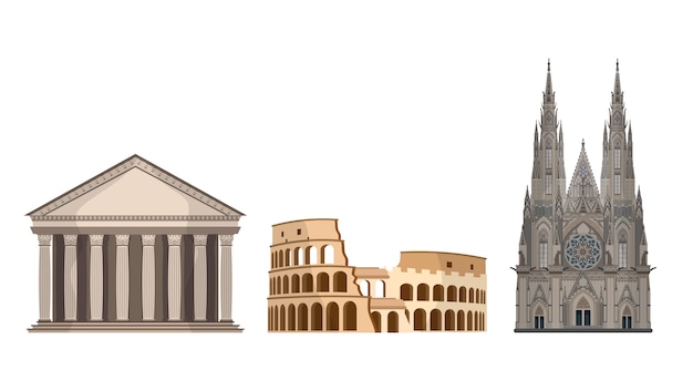 Satz von weltmarken lokalisiert auf einem weißen hintergrund. kolosseum und pantheon in rom. veitsdom in prag.