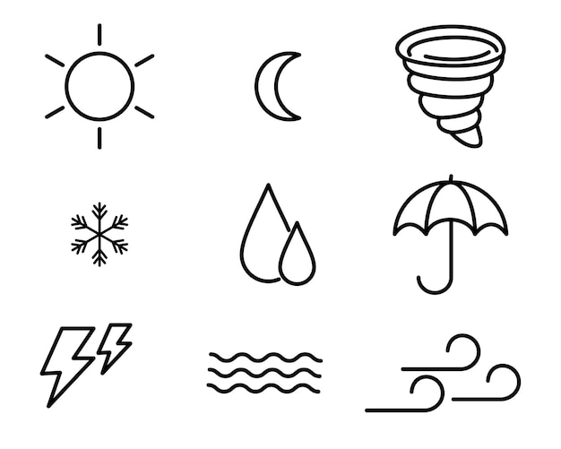 Satz von wettersymbolen regen nebel kalt neblig klar flockenwolken donner