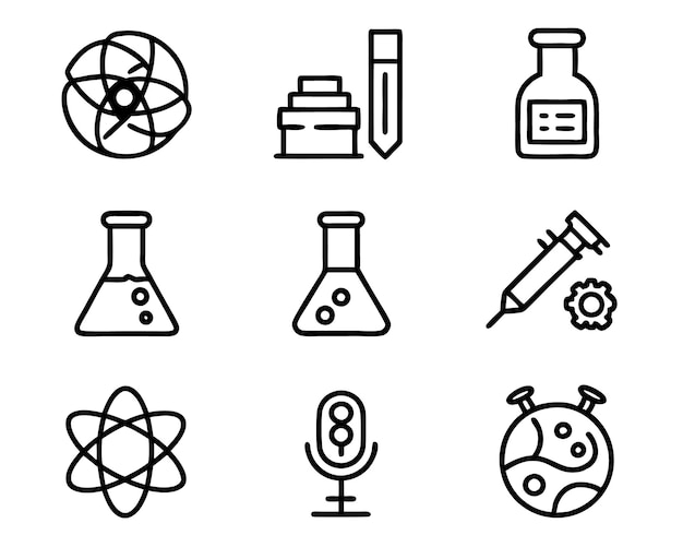 Satz von Wissenschafts-Ikonen Wissenschaft Technologie Forschung Medizinische Chemie Hintergrund Innovation
