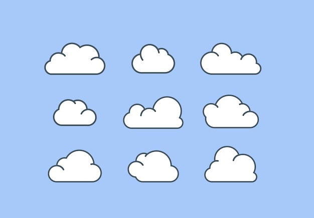 Satz von wolken-ikonen im modernen flachen stil, isoliert auf blauem hintergrund