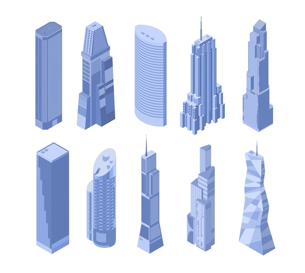 Satz von zehn isometrischen wolkenkratzern in blautönen auf weißem hintergrund.